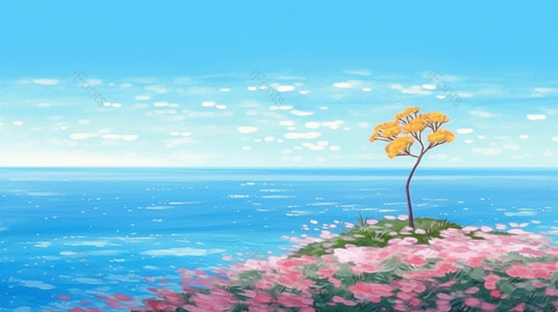 唯美繁花满树海边文艺插画风景背景手绘,插画/手绘图,插画/手绘图库,插画/手绘图下载,插画/手绘